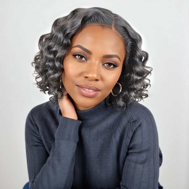 Easy To Put On Salt And Pepper Short Bob Water Wave Glueless Pre-Cut 5x5 Closure Lace Human Hair
