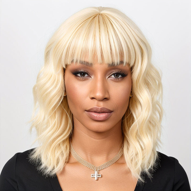 Put On and Go Short Bob 613 Blonde Body Wave Human Hair Wigs With Bangs Easy To Dye & Style