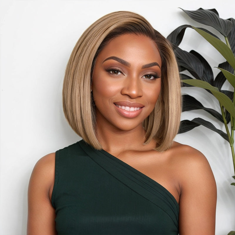 Glueless 5x5 Closure Lace Wig Short Bob Ash Blonde Ombre Blunt Cut Bob Human Hair