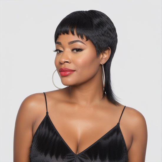 Load image into Gallery viewer, Glueless Natural Black Mullet Wigs Human Hair 70s 80s Pixie Cut Bangs
