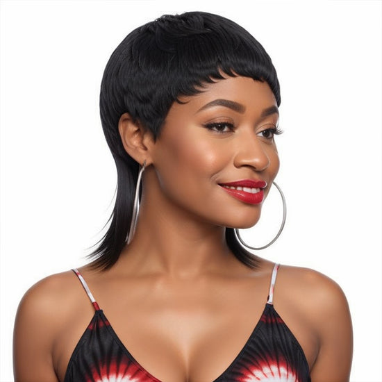 Load image into Gallery viewer, Glueless Natural Black Mullet Wigs Human Hair 70s 80s Pixie Cut Bangs
