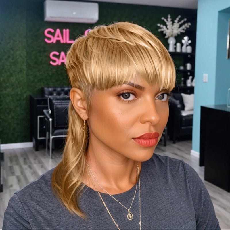 Glueless Pixie Cut Human Hair Layered Blonde Mix Brown Mullet Wig with Bang