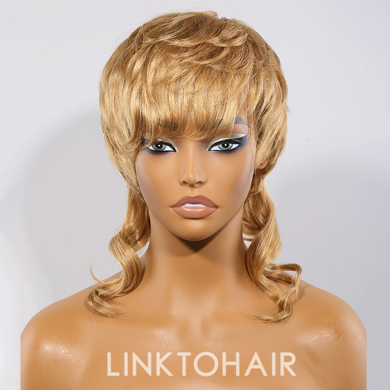 Glueless Pixie Cut Human Hair Layered Blonde Mix Brown Mullet Wig with Bang