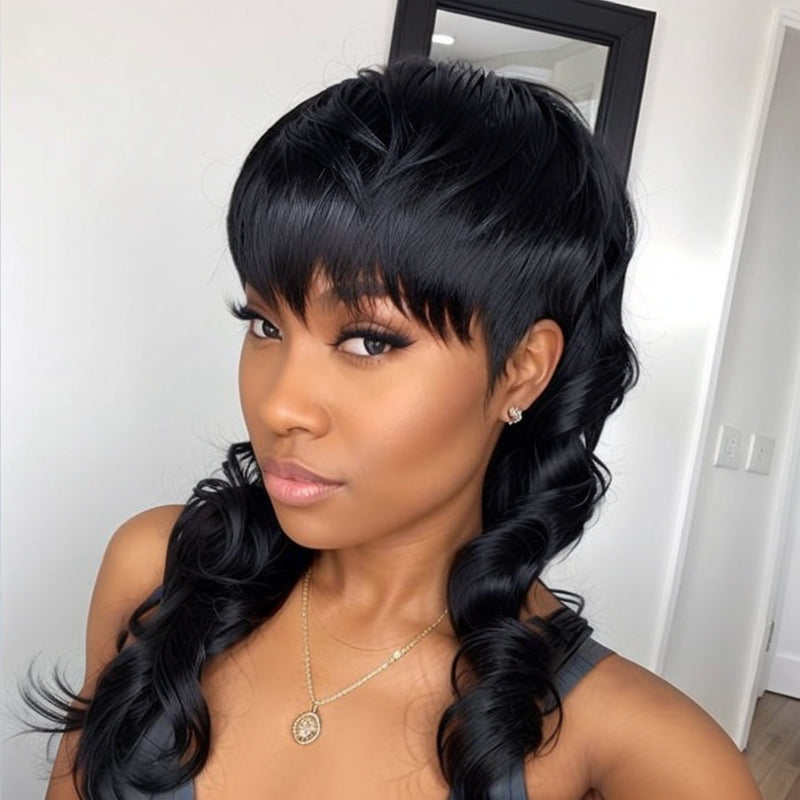 LinktoHair Glueless Pixie Cut Wavy Human Hair Layered Mullet Wig with Bang