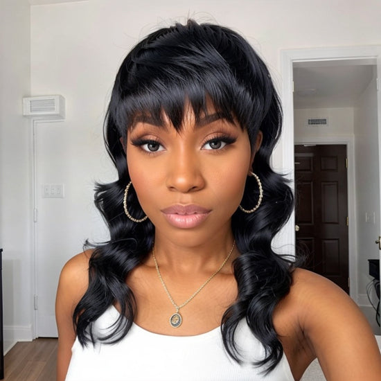 LinktoHair Glueless Pixie Cut Wavy Human Hair Layered Mullet Wig with Bang