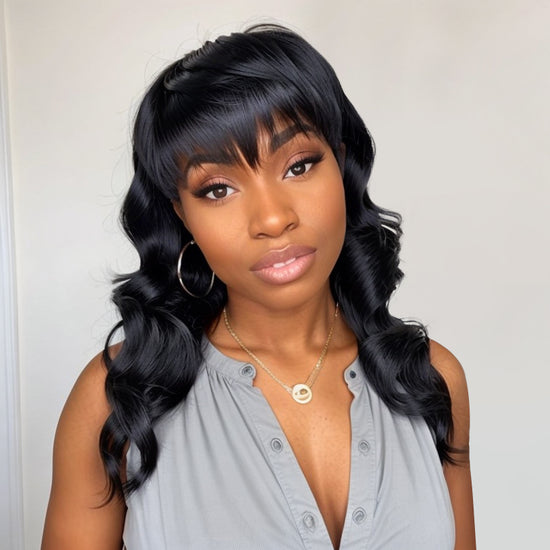 LinktoHair Glueless Pixie Cut Wavy Human Hair Layered Mullet Wig with Bang