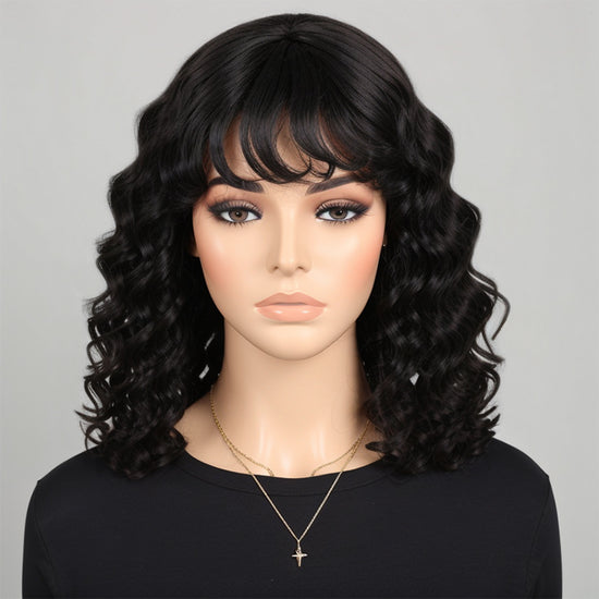 Load image into Gallery viewer, Glueless Protective Style Loose Wavy Natural Black Bob Wig with Bangs Human Hair Wigs
