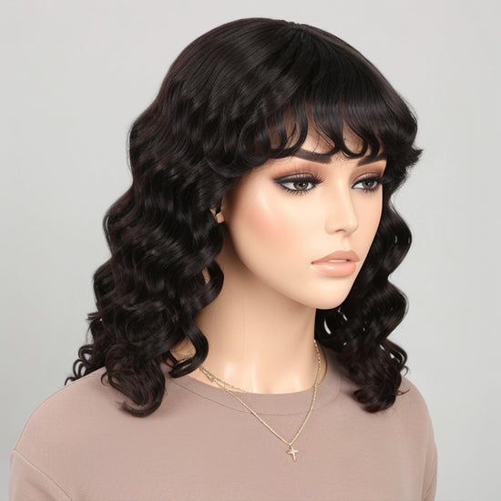 Load image into Gallery viewer, Glueless Protective Style Loose Wavy Natural Black Bob Wig with Bangs Human Hair Wigs
