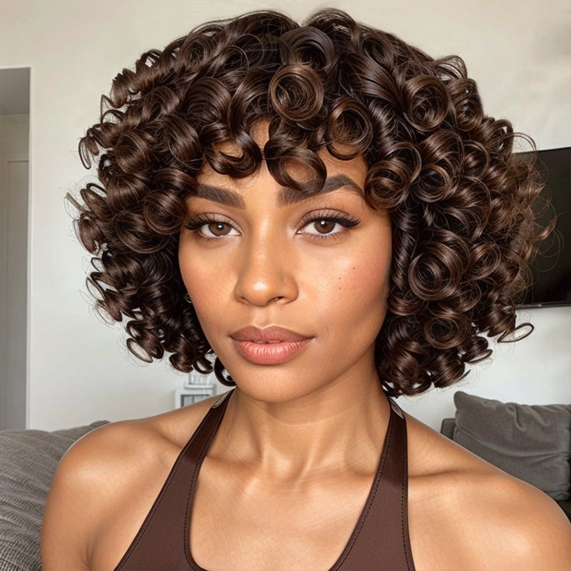 Glueless Short Bob Highlight 4/27 Color Loose Curly Wig With Bangs Human Hair Wigs