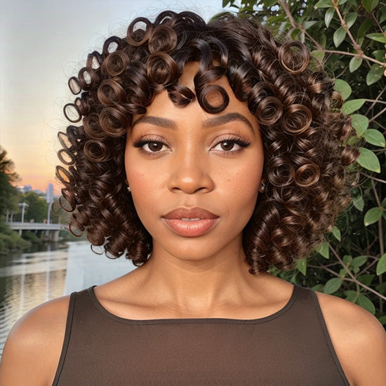 Glueless Short Bob Highlight 4/27 Color Loose Curly Wig With Bangs Human Hair Wigs