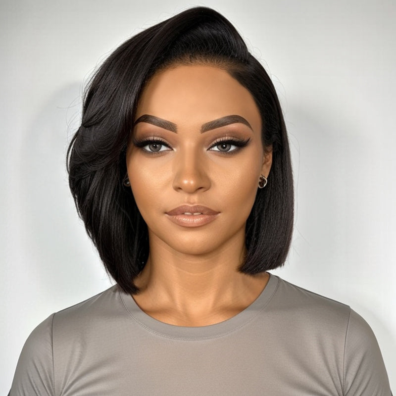 Load image into Gallery viewer, Glueless Yaki Straight Bob Kinky Edges 13x4 HD Lace Wig With Side Layered Bangs
