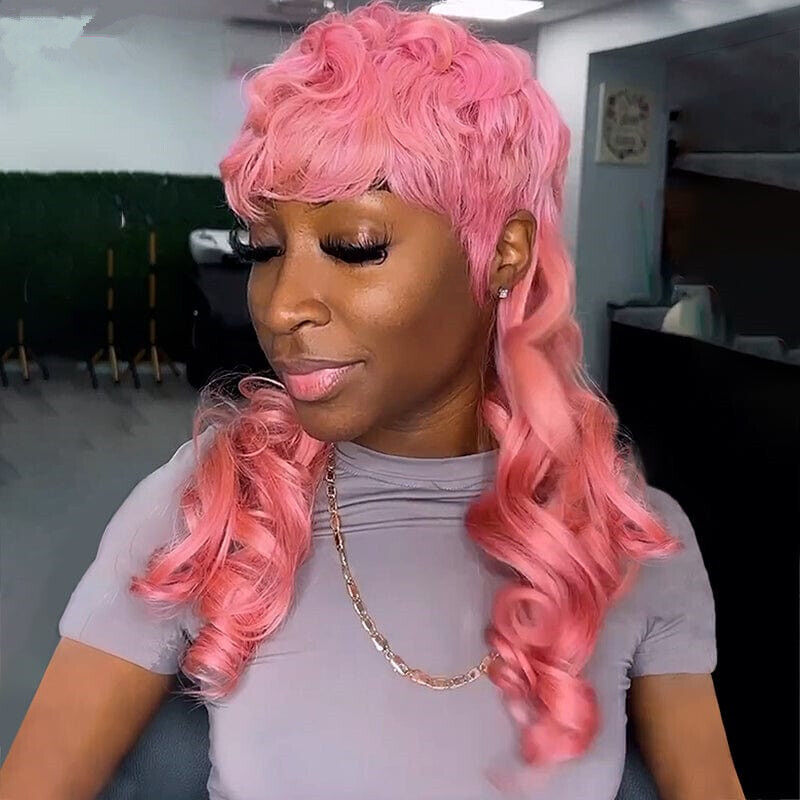 Glueless Pixie Cut Human Hair Layered Wavy Pink Mullet Wig with