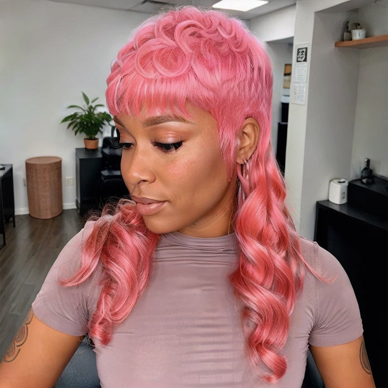 Glueless Pixie Cut Human Hair Layered Wavy Pink Mullet Wig with Bang