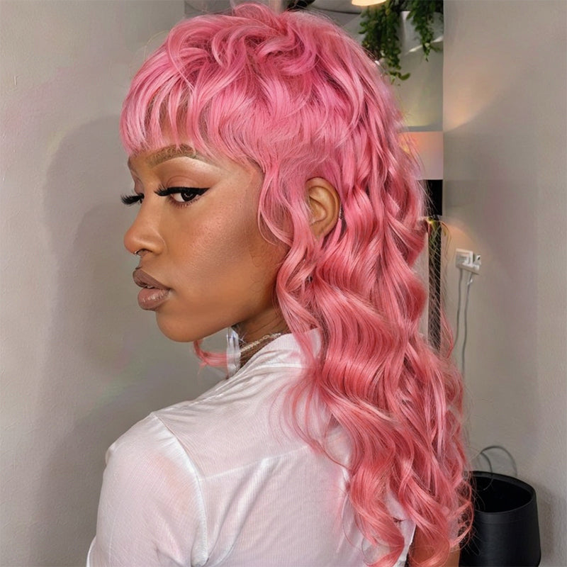 Glueless Pixie Cut Human Hair Layered Wavy Pink Mullet Wig with Bang
