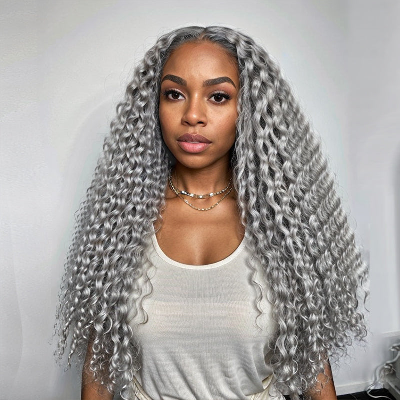 Salt & Pepper 13x4 Lace Front Wig Deep Curly 100% Human Hair Wigs