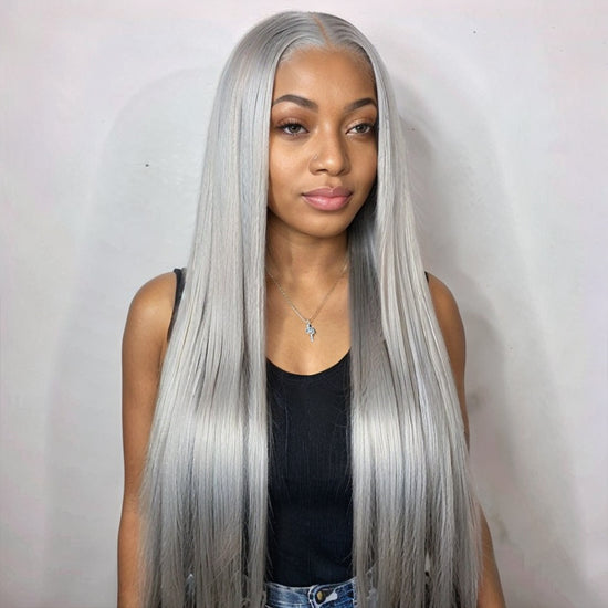 LinktoHair Grey Straight 13x4 HD Lace Frontal Wig Colored Pre-Plucked Human Hair Wigs
