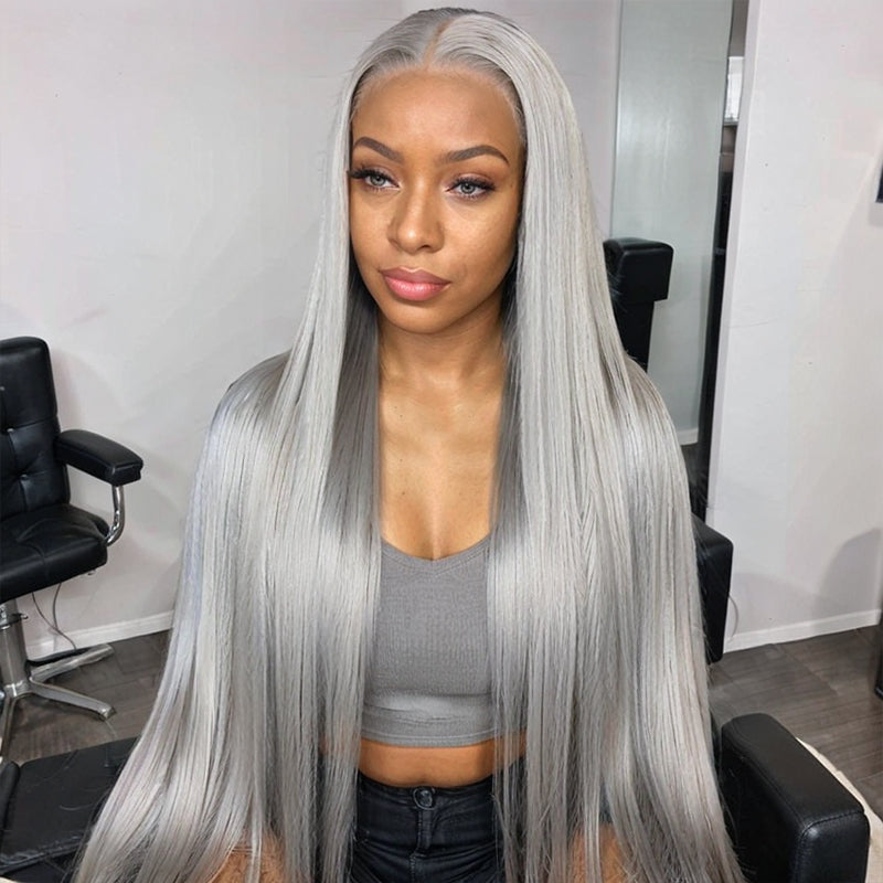 Load image into Gallery viewer, LinktoHair Grey Straight 13x4 HD Lace Frontal Wig Colored Pre-Plucked Human Hair Wigs
