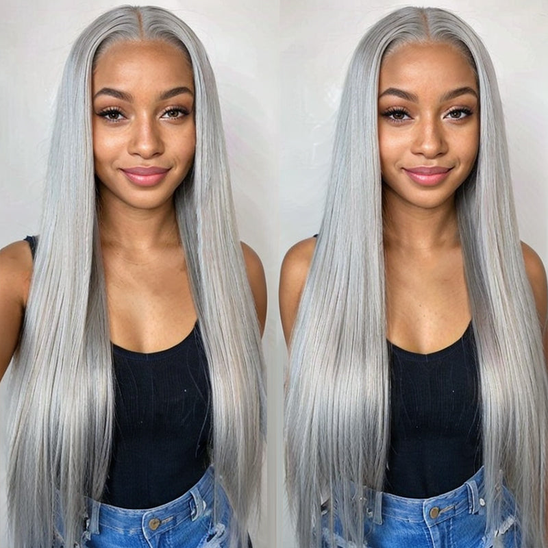 LinktoHair Grey Straight 13x4 HD Lace Frontal Wig Colored Pre-Plucked Human Hair Wigs
