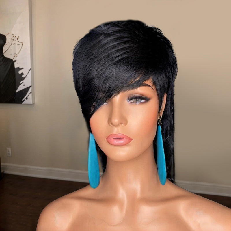Load image into Gallery viewer, Human Hair Wig Mullet Glueless Short Natural Straight With Bangs

