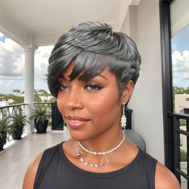 Kayla Unit |  Salt And Pepper Pixie Short Cut Glueless Human Hair Wig With Bangs Tapered Sides
