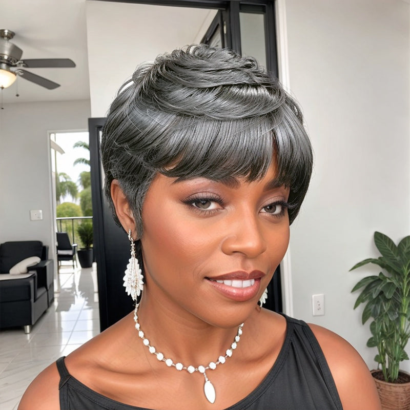 Kayla Unit |  Salt And Pepper Pixie Short Cut Glueless Human Hair Wig With Bangs Tapered Sides