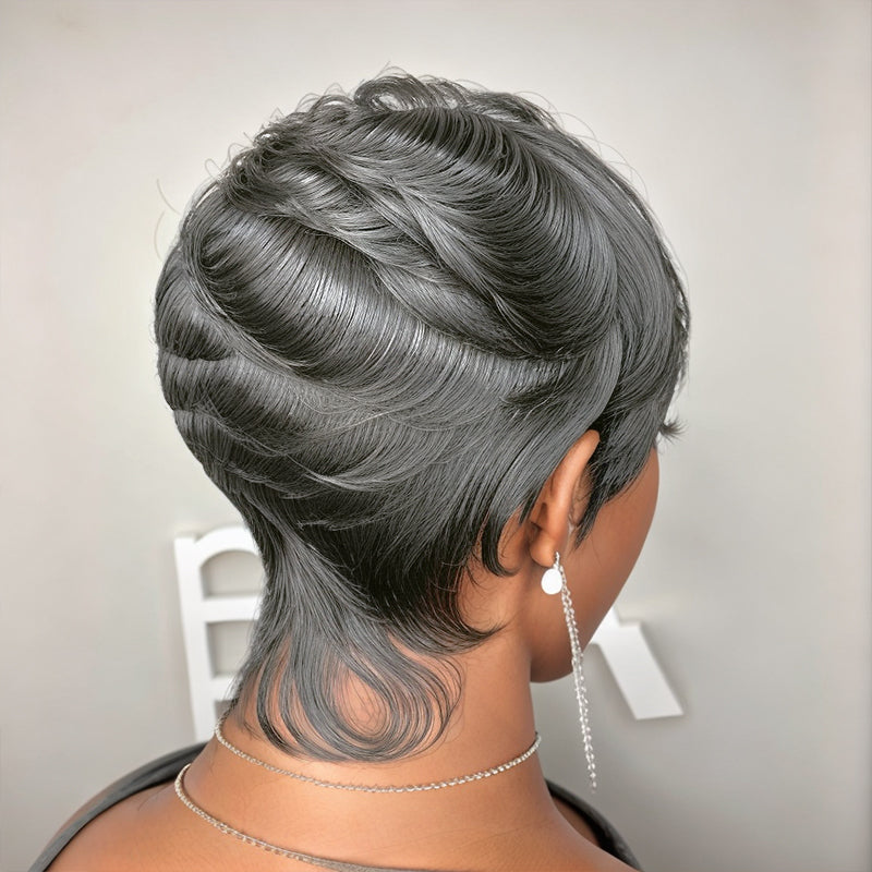 Kayla Unit |  Salt And Pepper Pixie Short Cut Glueless Human Hair Wig With Bangs Tapered Sides