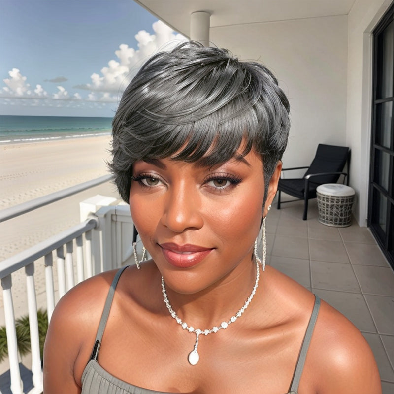 Kayla Unit |  Salt And Pepper Pixie Short Cut Glueless Human Hair Wig With Bangs Tapered Sides