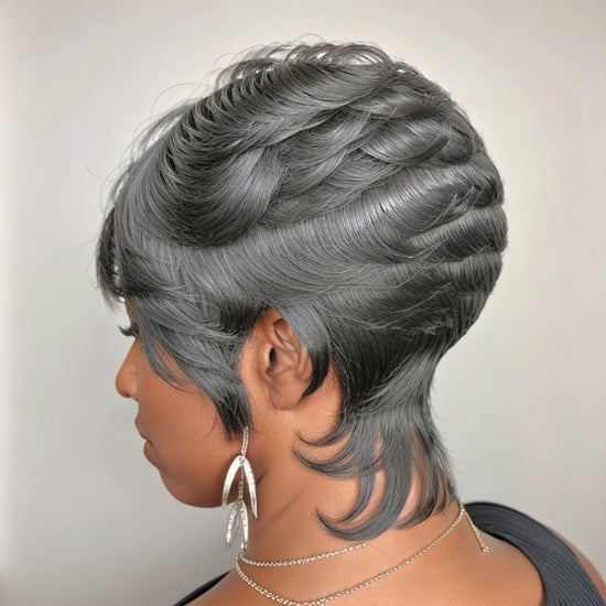 Kayla Unit |  Salt And Pepper Pixie Short Cut Glueless Human Hair Wig With Bangs Tapered Sides