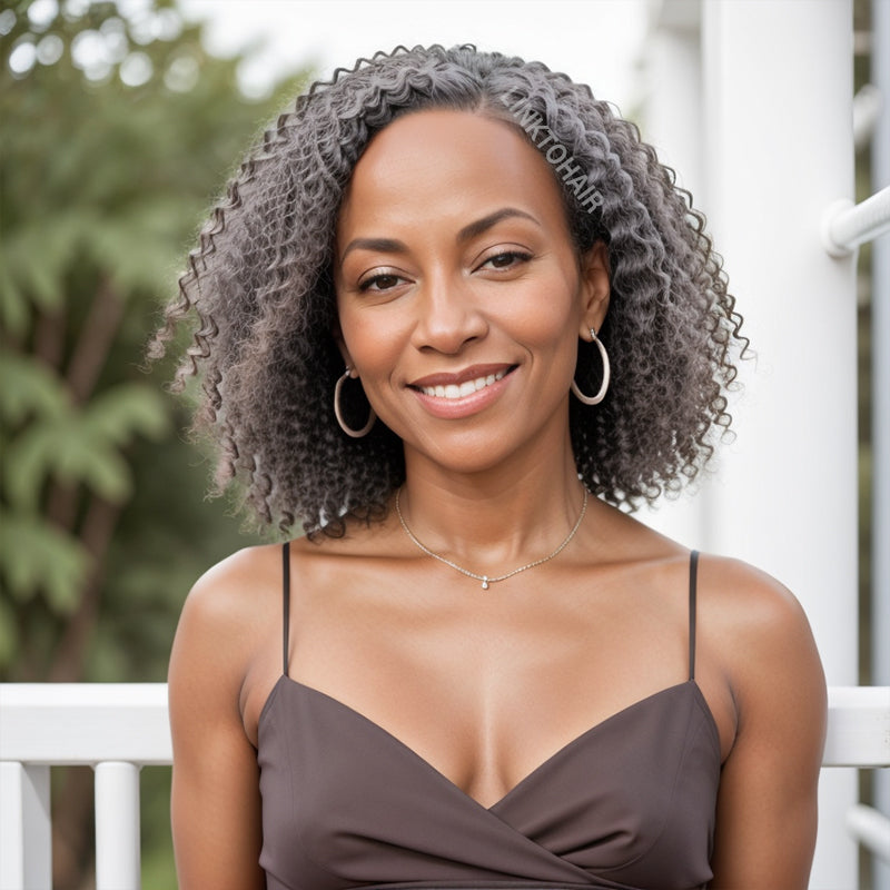 LINKTOHAIR Salt And Pepper Deep Wave 13x4 Lace Front Short Wig 100% Human Hair