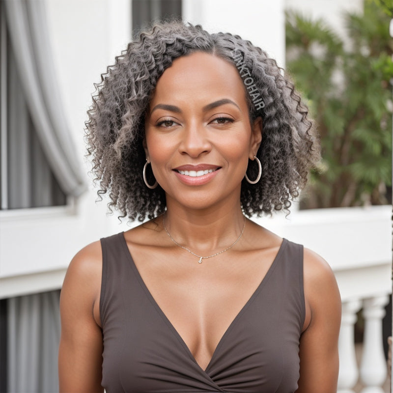 LINKTOHAIR Salt And Pepper Deep Wave 13x4 Lace Front Short Wig 100% Human Hair