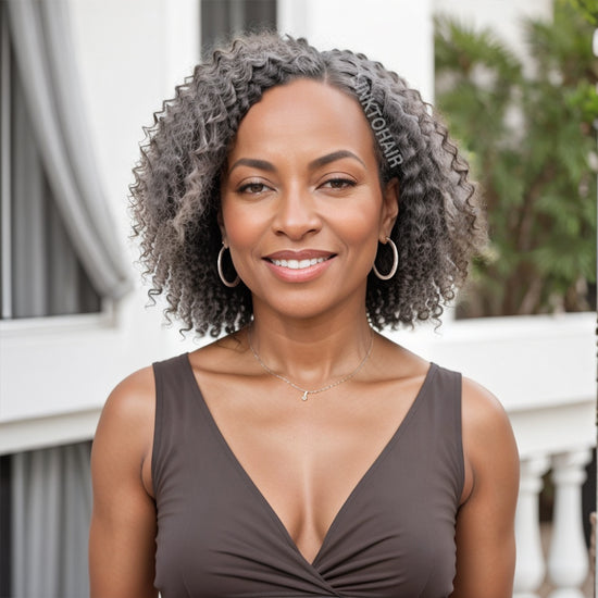 LINKTOHAIR Salt And Pepper Deep Wave 13x4 Lace Front Short Wig 100% Human Hair