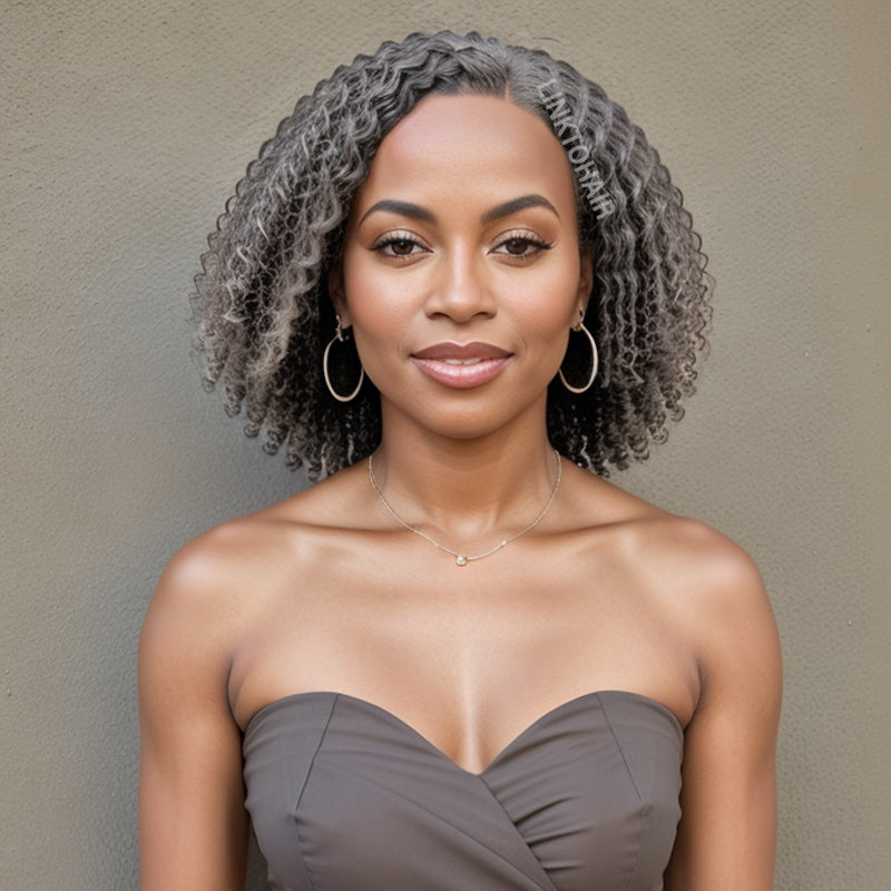 LINKTOHAIR Salt And Pepper Deep Wave 13x4 Lace Front Short Wig 100% Human Hair