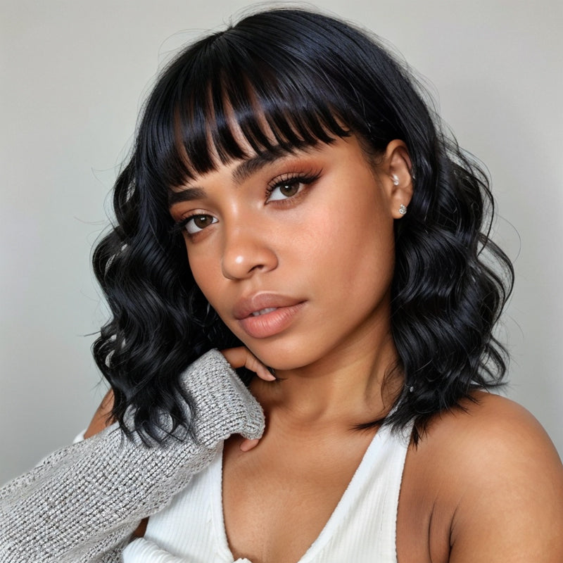 Lady Short Loose Wave Wig With Bangs 100% Human Hair