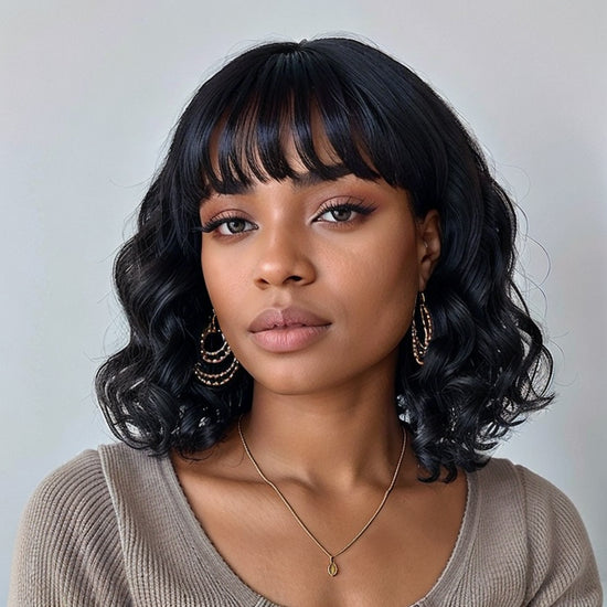 Lady Short Loose Wave Wig With Bangs 100% Human Hair