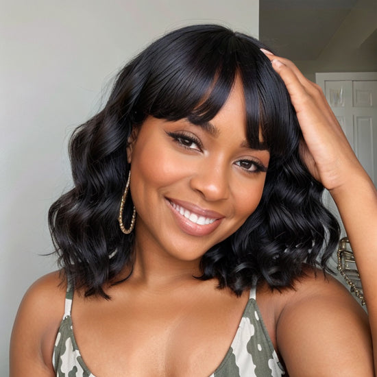 Lady Short Loose Wave Wig With Bangs 100% Human Hair