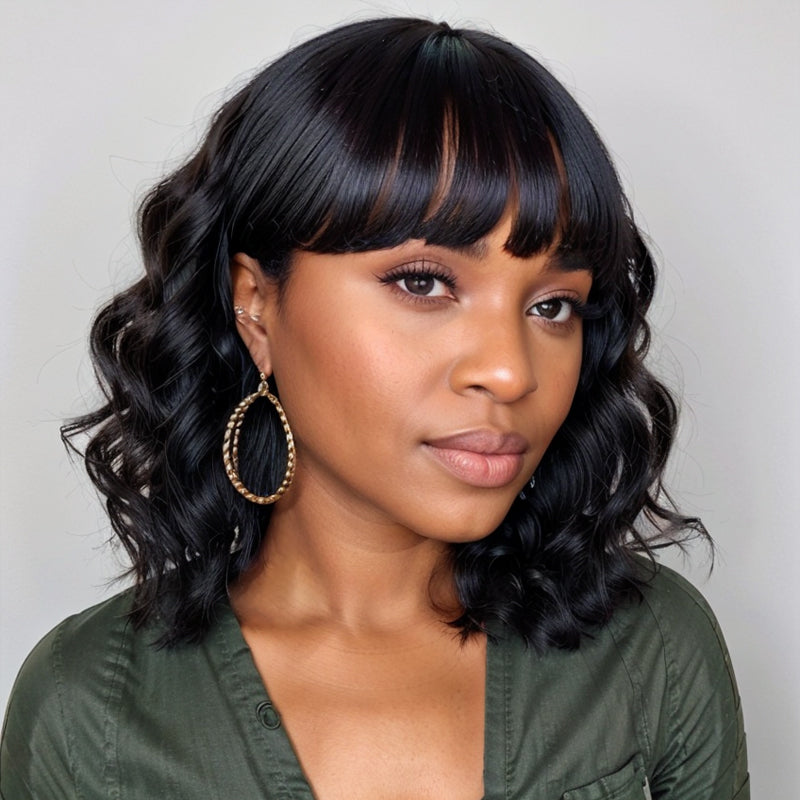 Lady Short Loose Wave Wig With Bangs 100% Human Hair