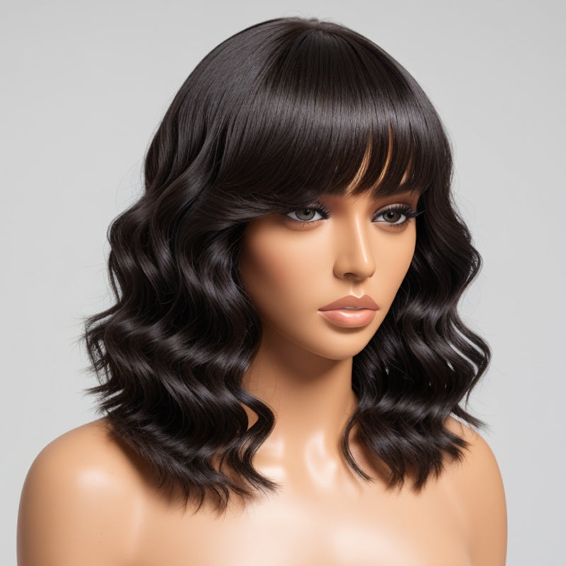 Lady Short Loose Wave Wig With Bangs 100% Human Hair