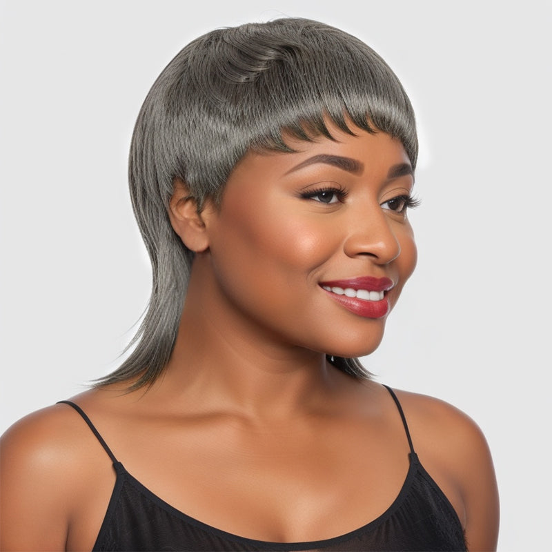 Limited Design  Salt And Pepper Mullet Wig Pixie Cut Bangs 70s 80s Human Hair Wigs