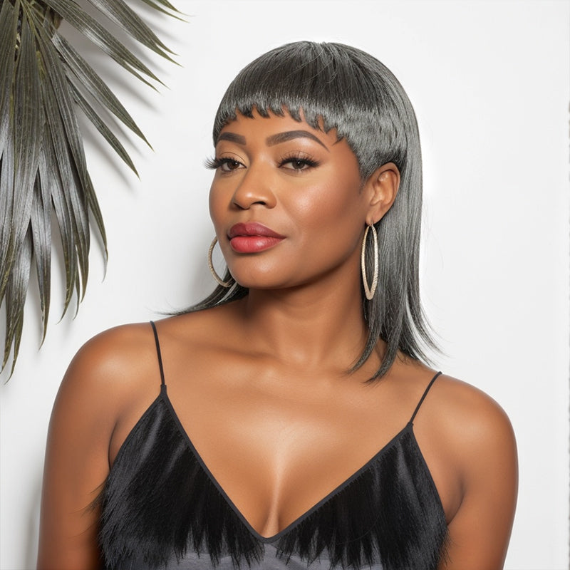 Limited Design  Salt And Pepper Mullet Wig Pixie Cut Bangs 70s 80s Human Hair Wigs
