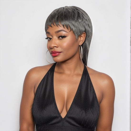 Limited Design  Salt And Pepper Mullet Wig Pixie Cut Bangs 70s 80s Human Hair Wigs