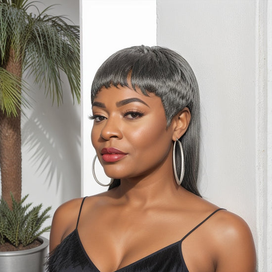 Limited Design  Salt And Pepper Mullet Wig Pixie Cut Bangs 70s 80s Human Hair Wigs