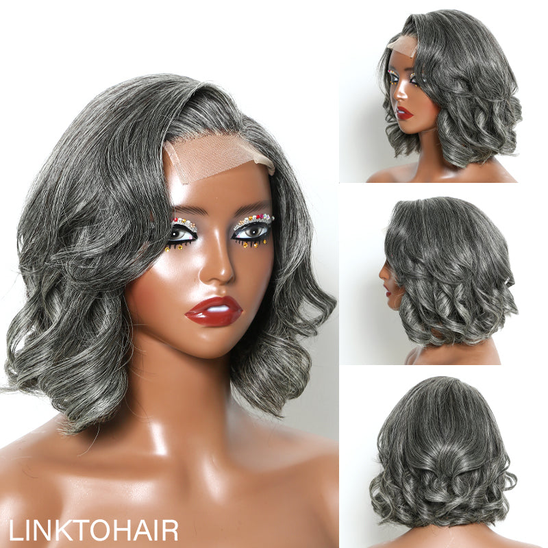 Limited Design | Salt & Pepper Water Wave Glueless 5x5 Closure Lace Bob Wig 100% Human Hair