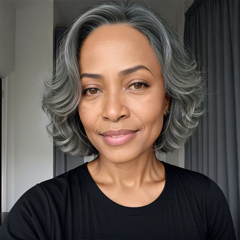 Limited Design | Salt And Pepper Water Wave Glueless 5x5 Closure Lace Bob Wig 100% Human Hair