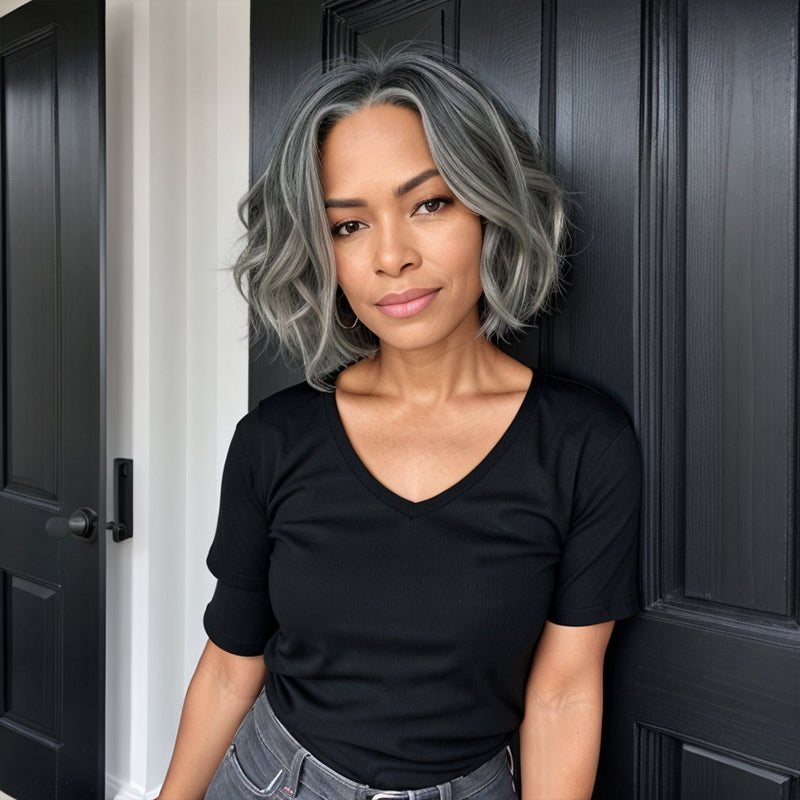 Limited Design | Salt And Pepper Water Wave Glueless 5x5 Closure Lace Bob Wig 100% Human Hair