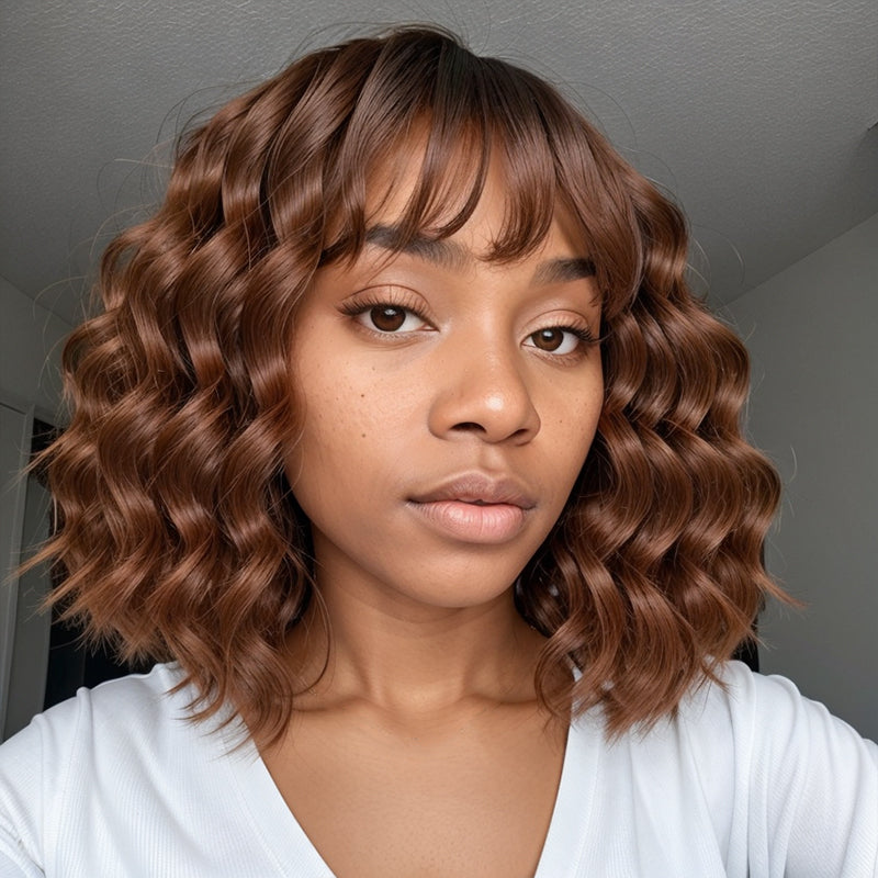 LinktoHair Body Wave Glueless Colored Bob with Bangs Wig 100% Human Hair