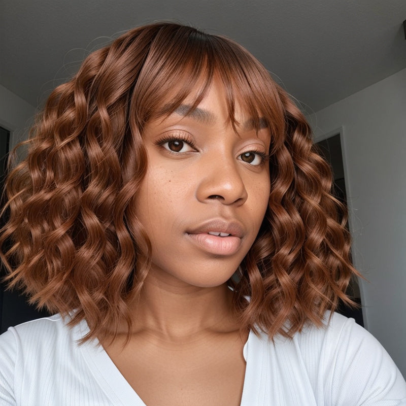 LinktoHair Body Wave Glueless Colored Bob with Bangs Wig 100% Human Hair