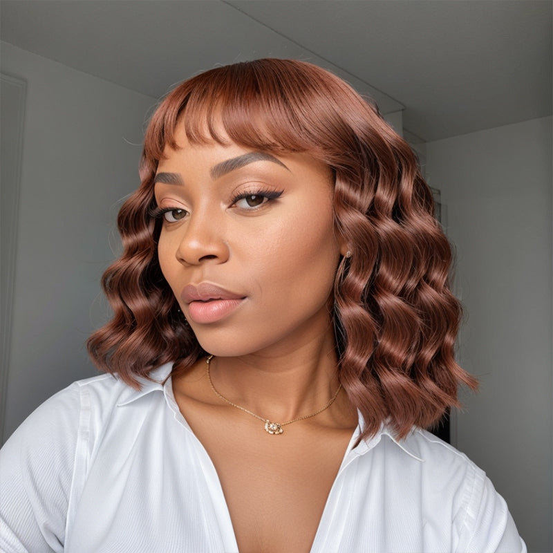 LinktoHair Body Wave Glueless Colored Bob with Bangs Wig 100% Human Hair
