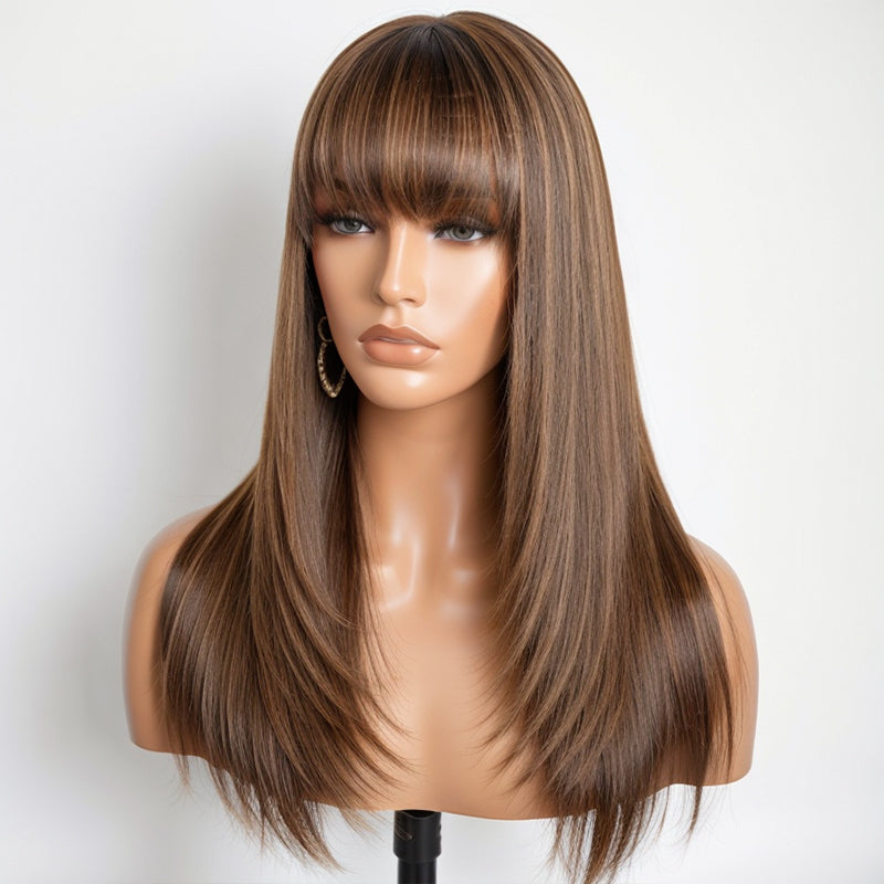 Load image into Gallery viewer, Classic Brown Mix Blonde Kinky Straight Glueless Wig Layered Cut With Bangs 100% Human Hair Wigs
