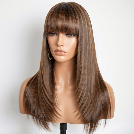 Classic Brown Mix Blonde Kinky Straight Glueless Wig Layered Cut With Bangs 100% Human Hair Wigs