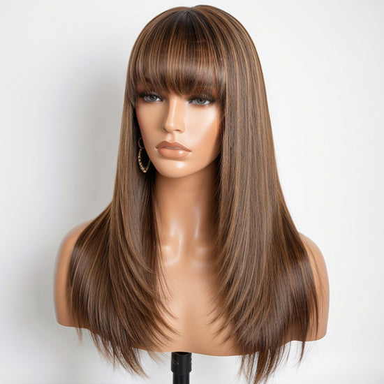 Trendy Design & Color | Salt And Pepper Kinky Straight Glueless Wig Layered Cut With Bangs 100% Human Hair Wigs